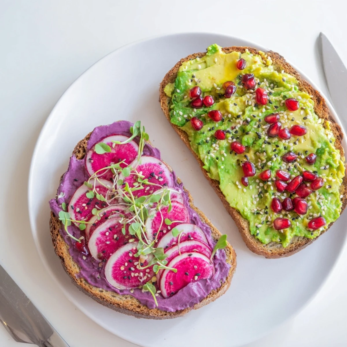 Colorful breakfast toasts featuring creamy ube and ripe avocado for a delightful start.  