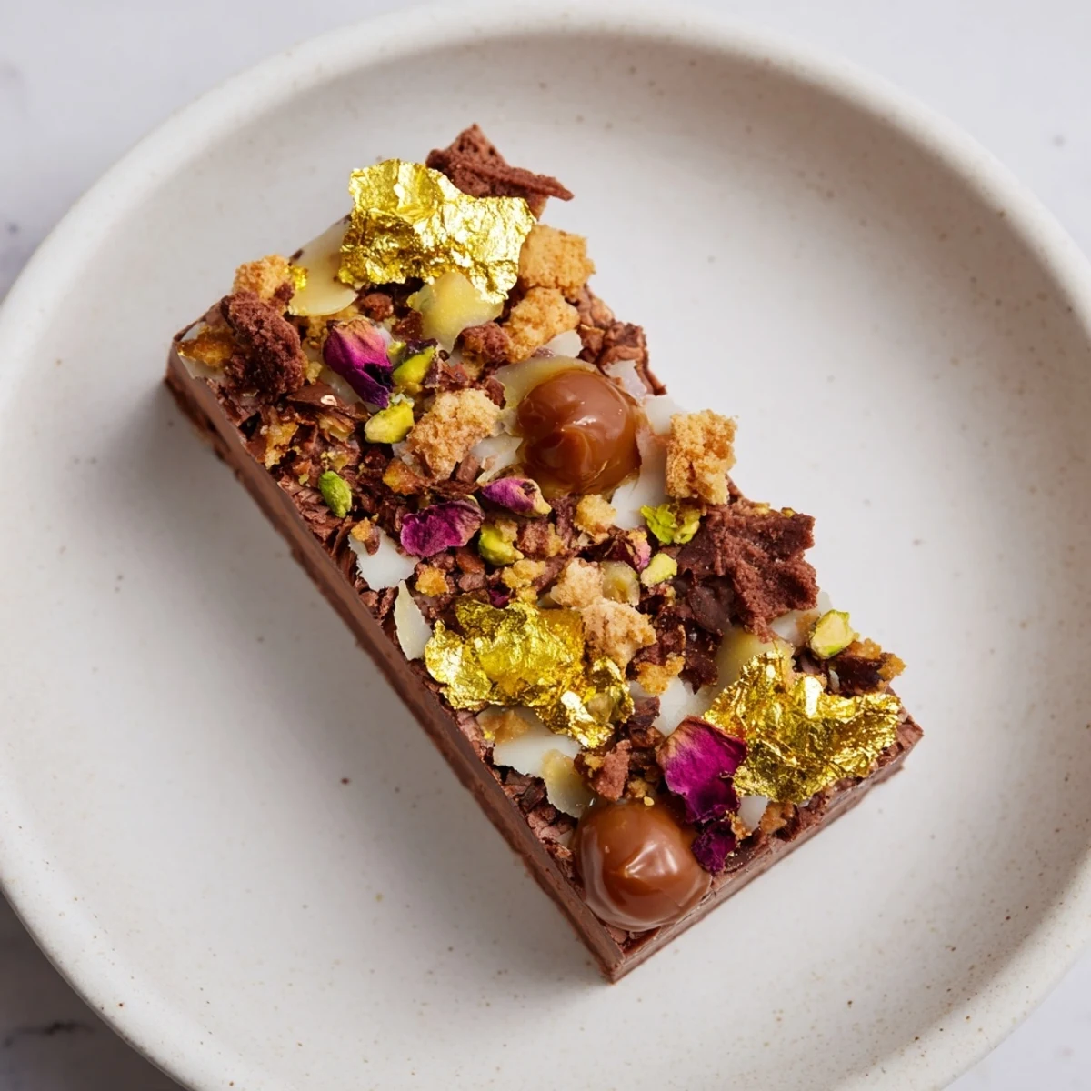 Rich, chocolate bar inspired creations garnished with edible gold leaf and rose petals.  