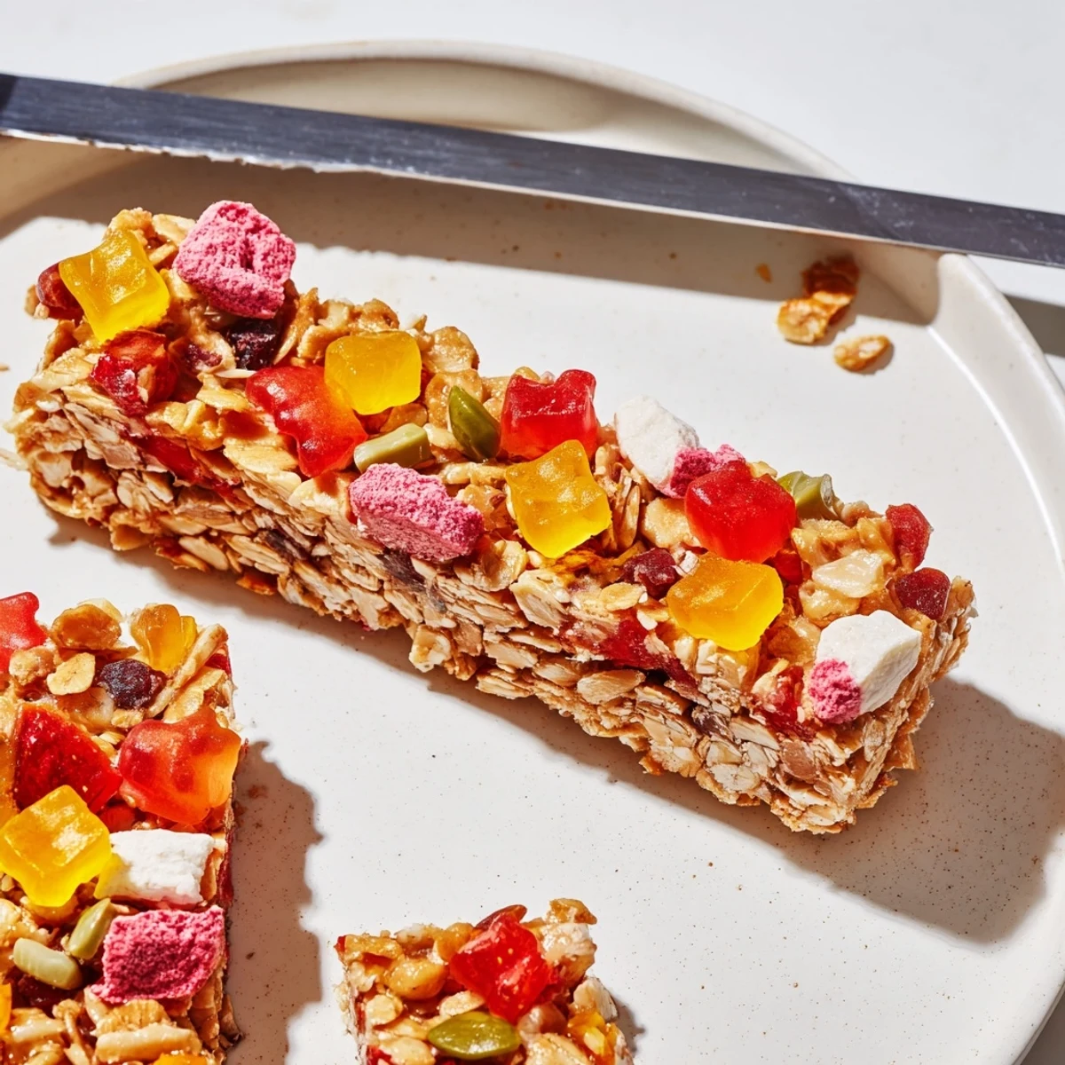 Colorful homemade gummies and freeze-dried candy topping delightful DIY snack bars.  