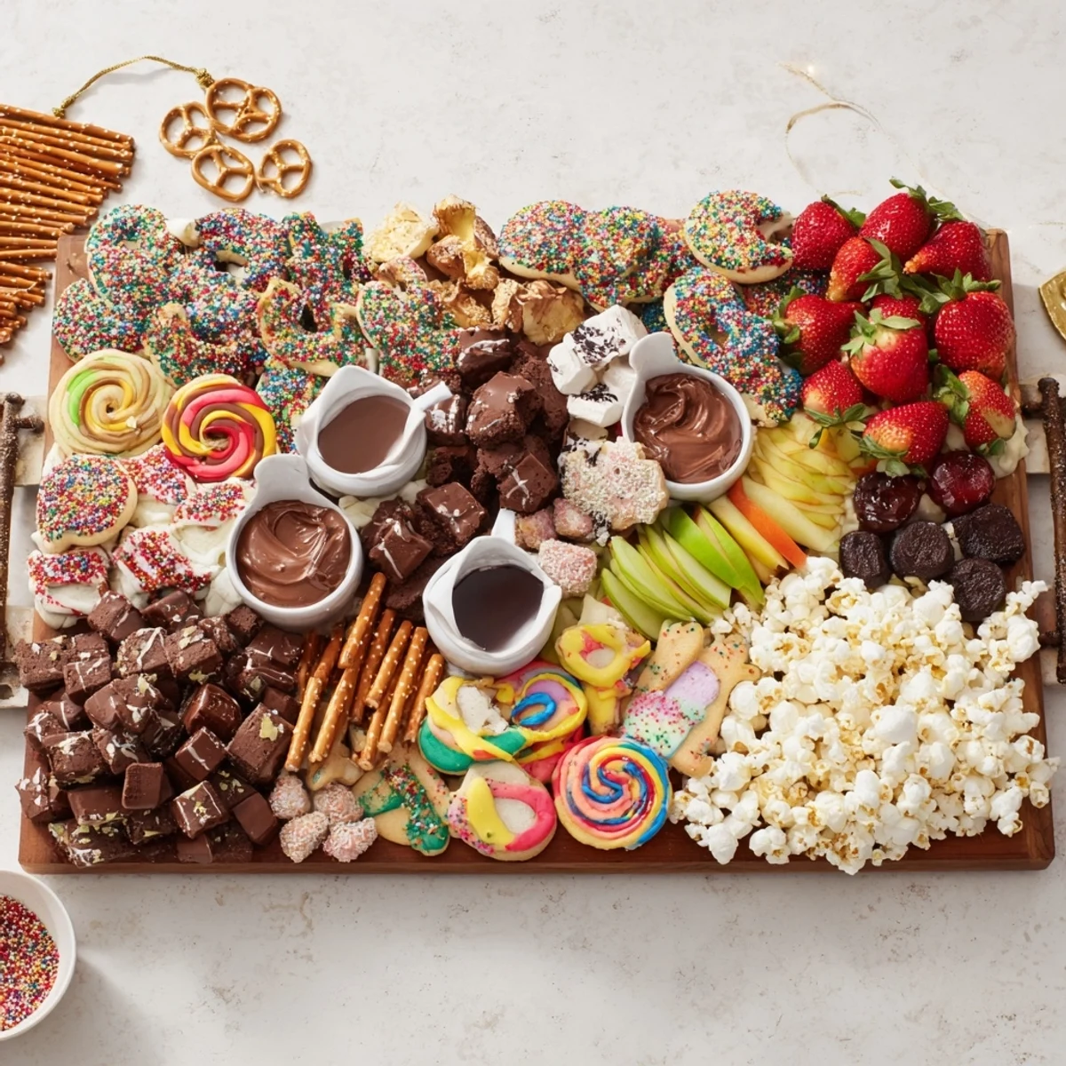 Colorful dessert board with seasonal sweets and snacks for festive gatherings.  