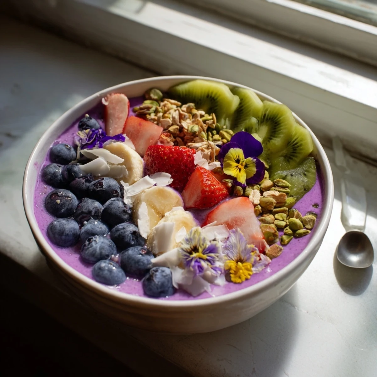 Vibrant smoothie bowls showcasing purple yam and fresh fruit for a nutritious breakfast.  