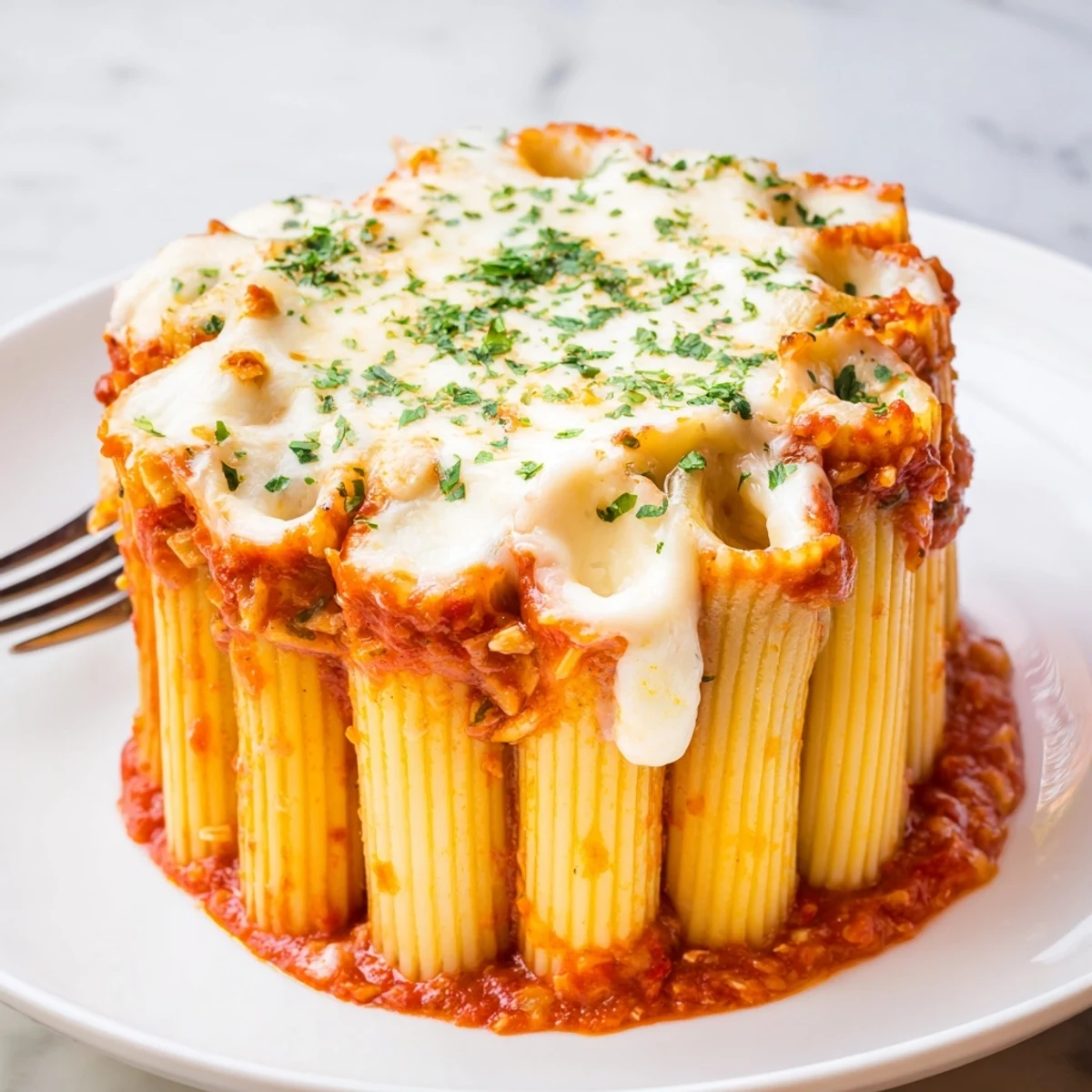 Delicious Honeycomb Pasta Cake with golden cheese and upright rigatoni, perfect for sharing.  