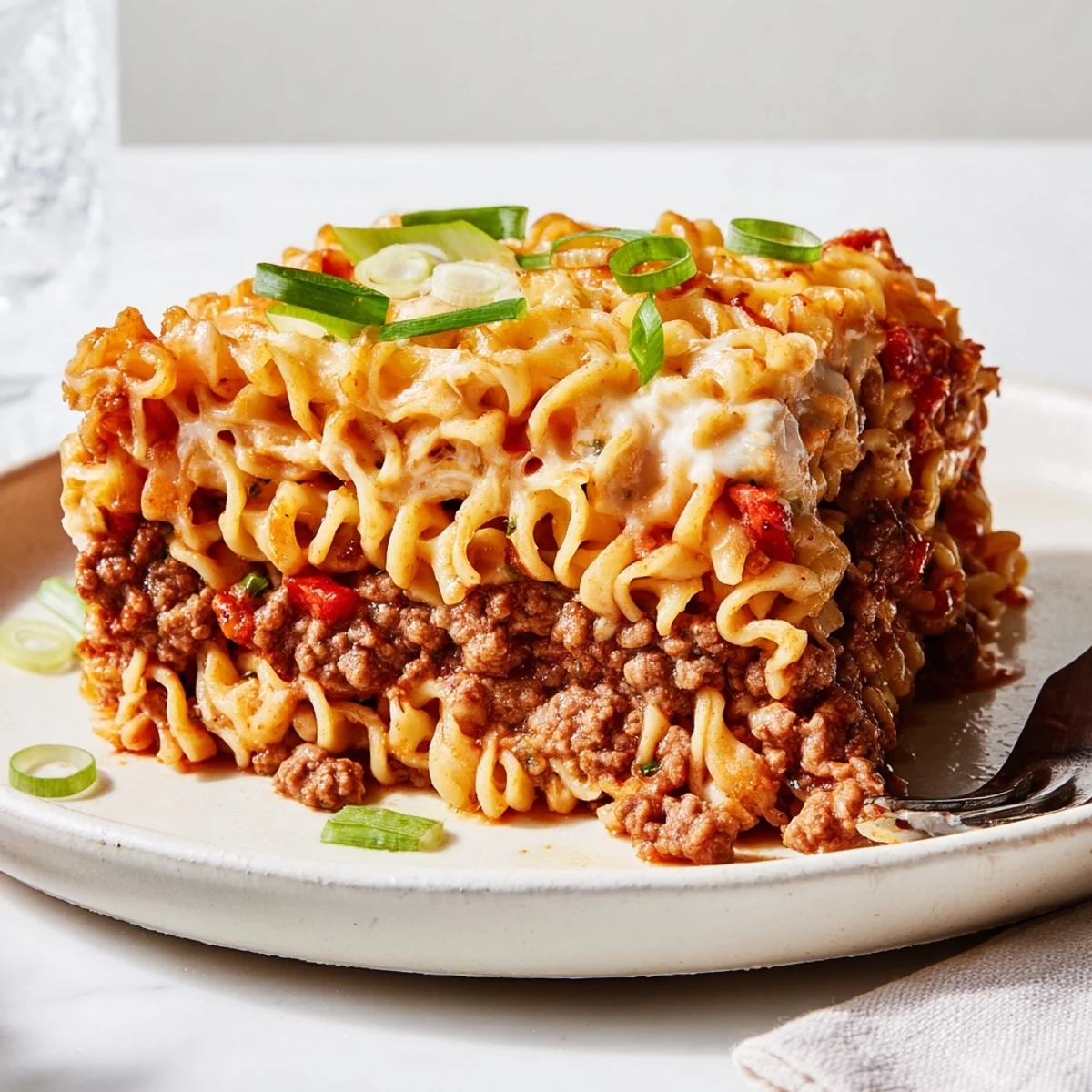Spicy Ramen Lasagna layers spicy pork, melted cheese, and rich tomato sauce for flavor.  