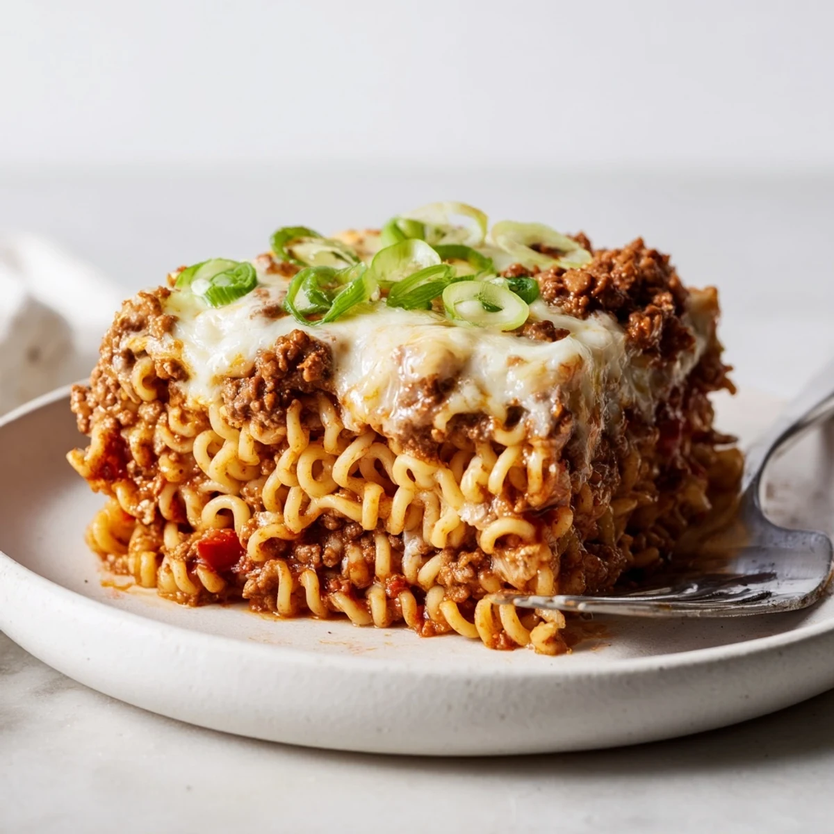 Enjoy a slice of Spicy Ramen Lasagna, a unique fusion of savory comfort foods.