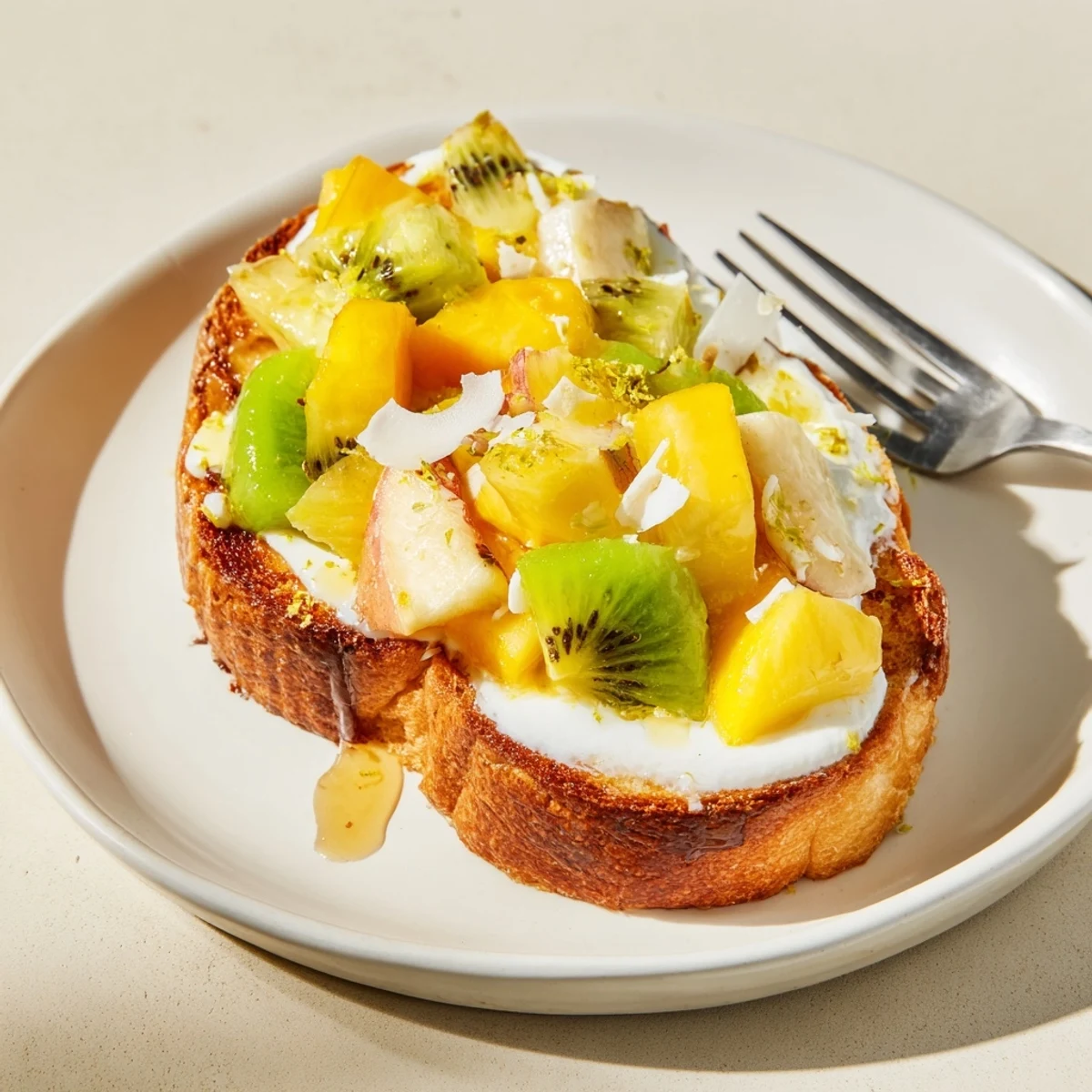Vibrant Yogurt-Custard Toast topped with tropical fruits for a refreshing breakfast.  