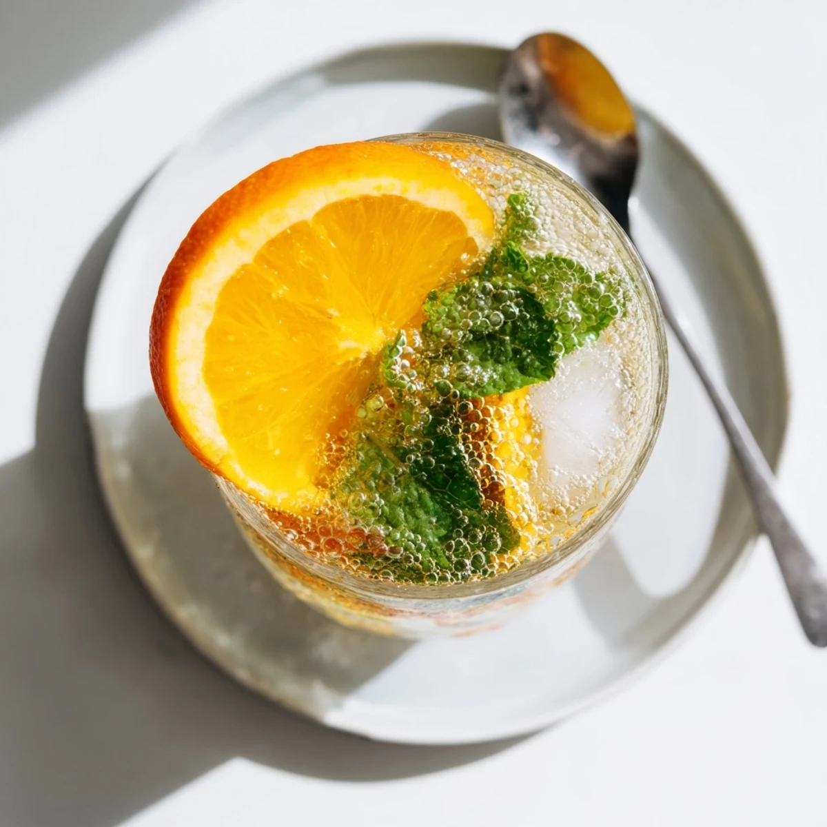 Refreshing Probiotic Soda Mocktail garnished with mint and citrus slices in a glass.