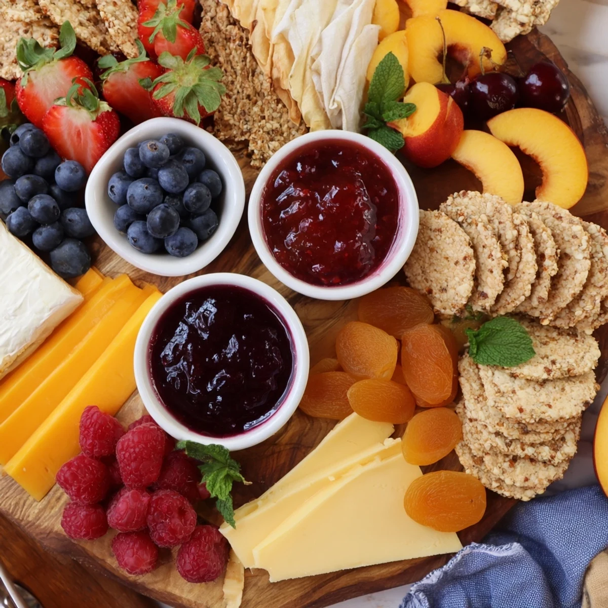 Colorful spread of the jam-infused brunch board with delicious bread and fresh strawberries.