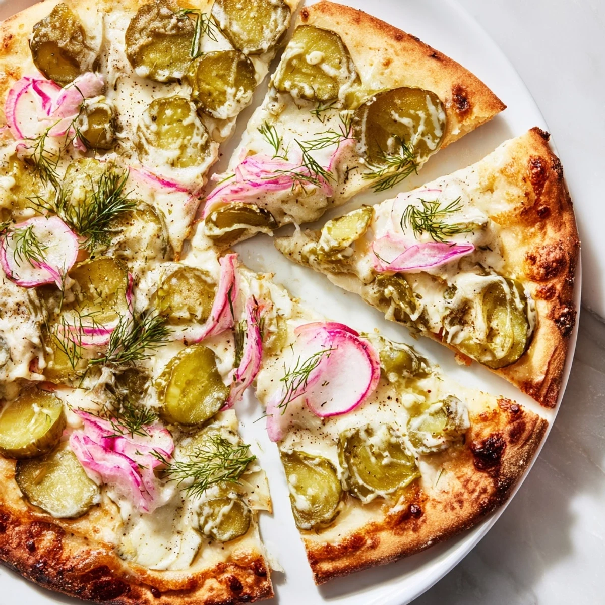 Tangy pickle pizza topped with creamy sauce, mozzarella, and crunchy dill slices.  