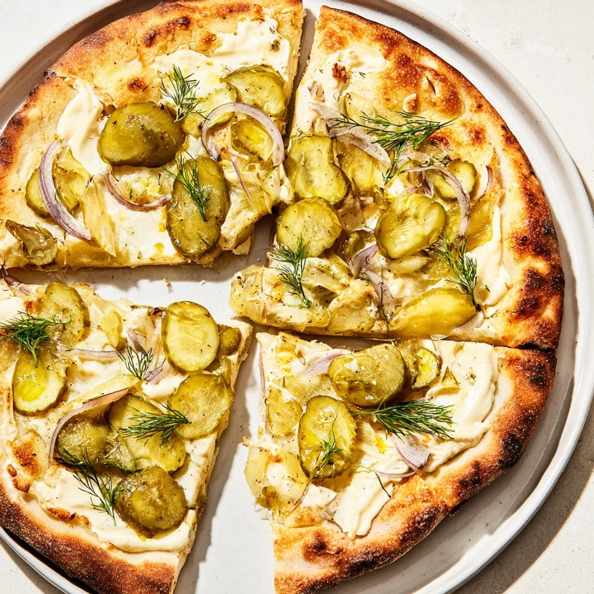 Golden crusted pickle pizza garnished with fresh dill for a unique flavor experience.  