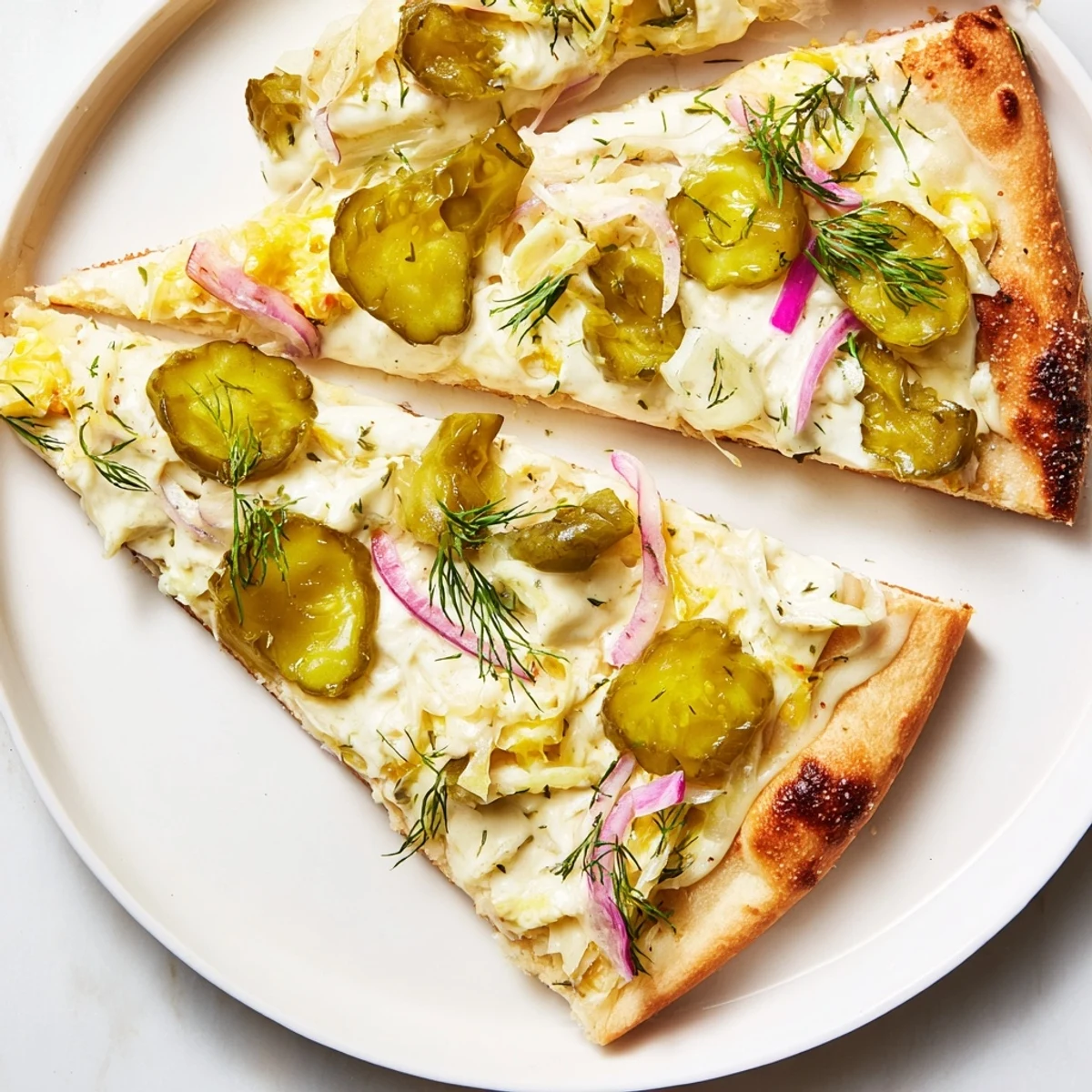 Deliciously cheesy pickle pizza with crème fraîche, perfect for adventurous eaters.