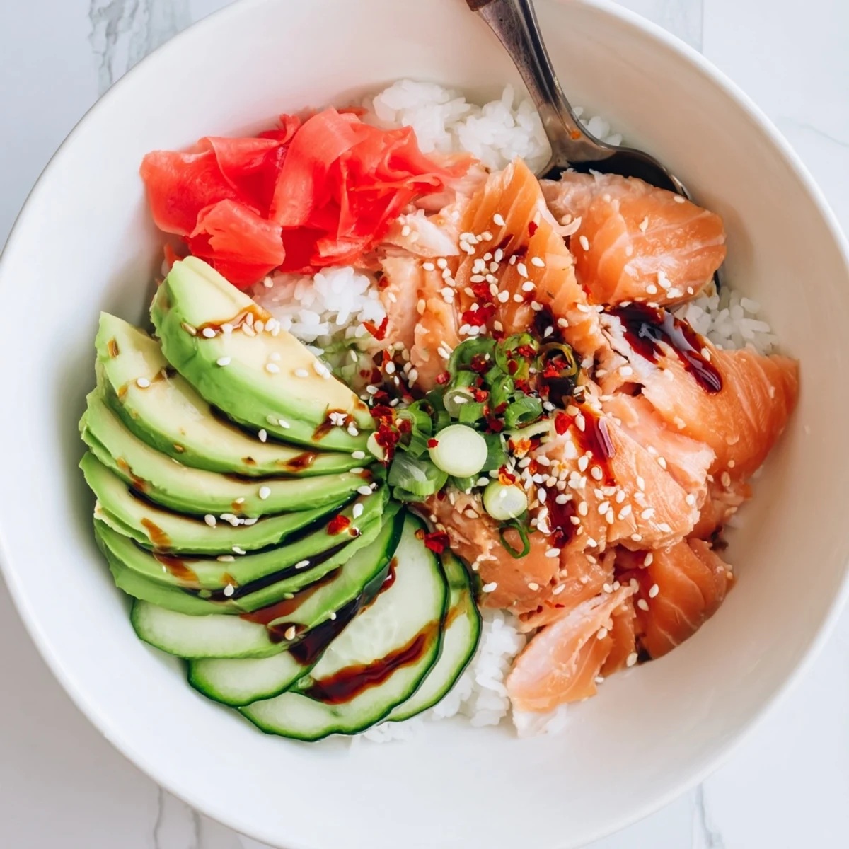 Leftover salmon and rice bowl topped with avocado and pickled ginger.  