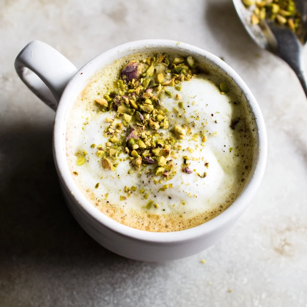 Creamy pistachio milk latte topped with crushed nuts for a delicious morning boost.  