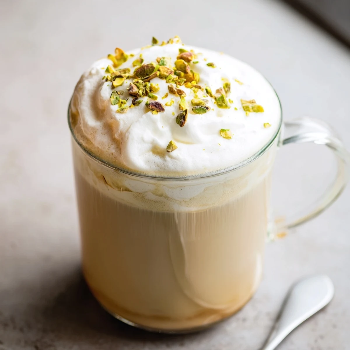Homemade pistachio milk latte with espresso, perfect for cozy café vibes at home.  