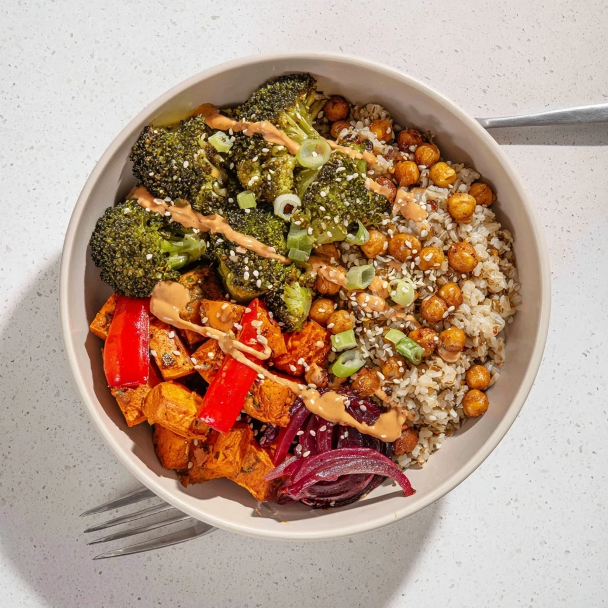 Vibrant Bold Sauce Drizzle Bowls topped with roasted veggies and flavorful sauces.  