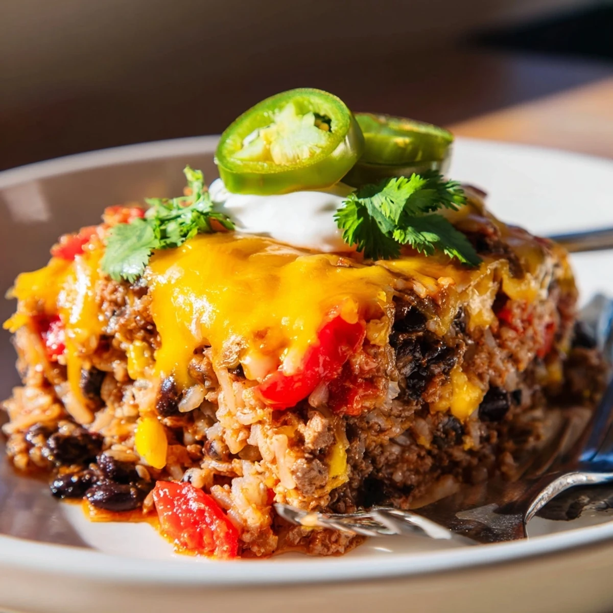 Hearty Tex-Mex Beef & Rice Casserole topped with melted cheese and fresh garnishes.  