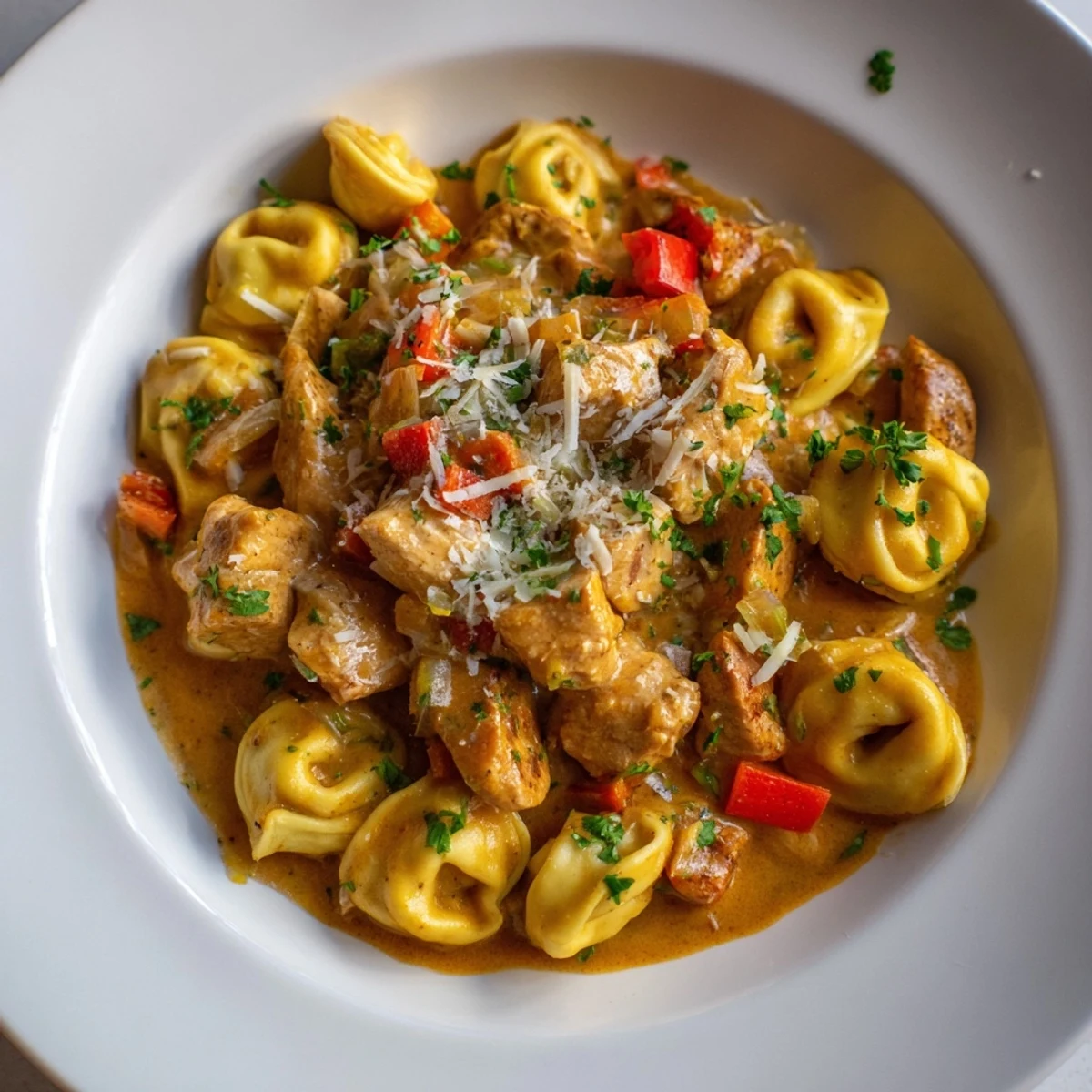 Zesty Cajun Garlic Parmesan Chicken Tortellini served with fresh parsley and extra cheese.  