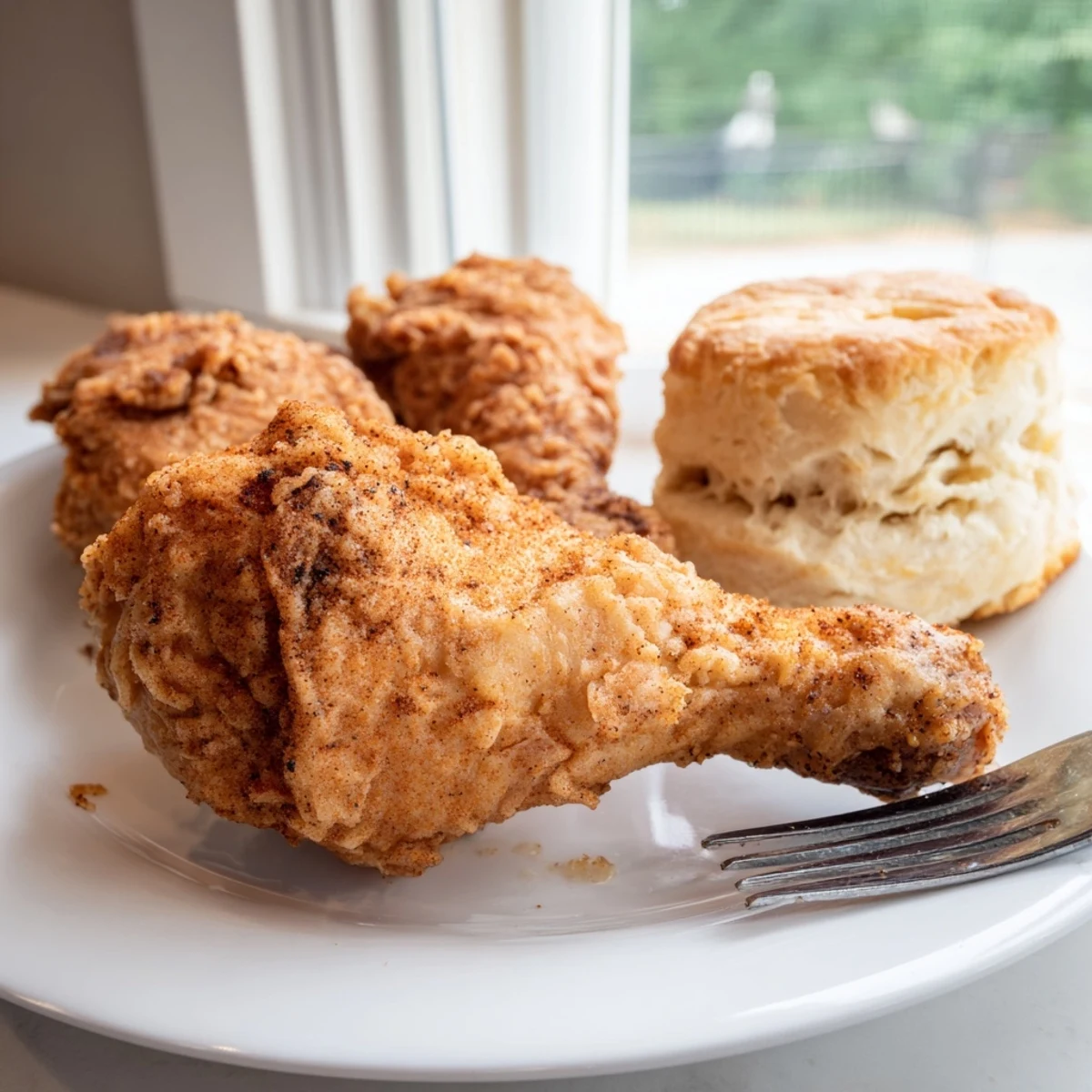 Golden-brown Southern fried chicken with rich, buttery biscuits ideal for family gatherings.  