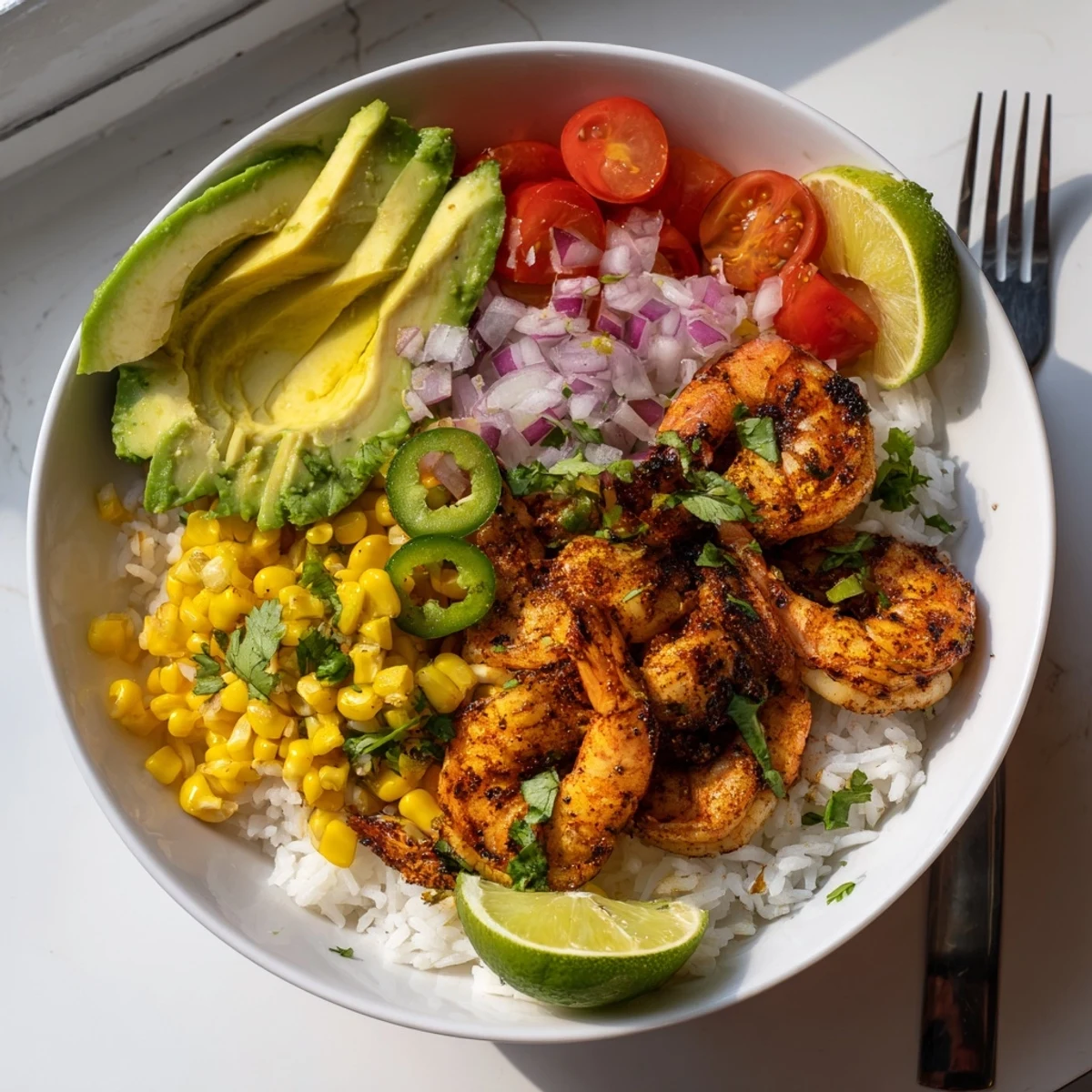 Juicy grilled shrimp bowl with avocado corn salsa, perfect for summer dinners.  