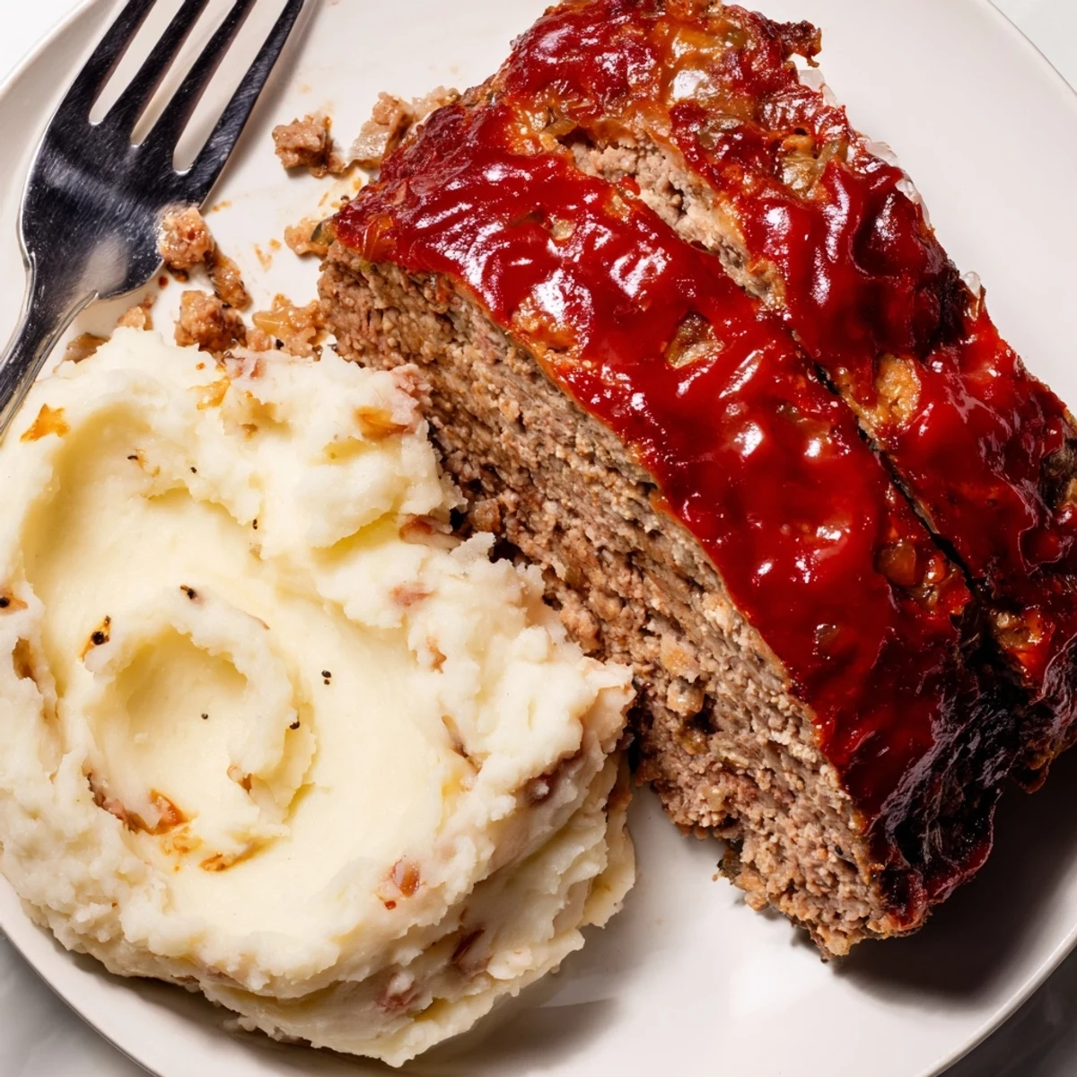 Delicious homemade meatloaf topped with savory glaze and buttery mashed potatoes.  