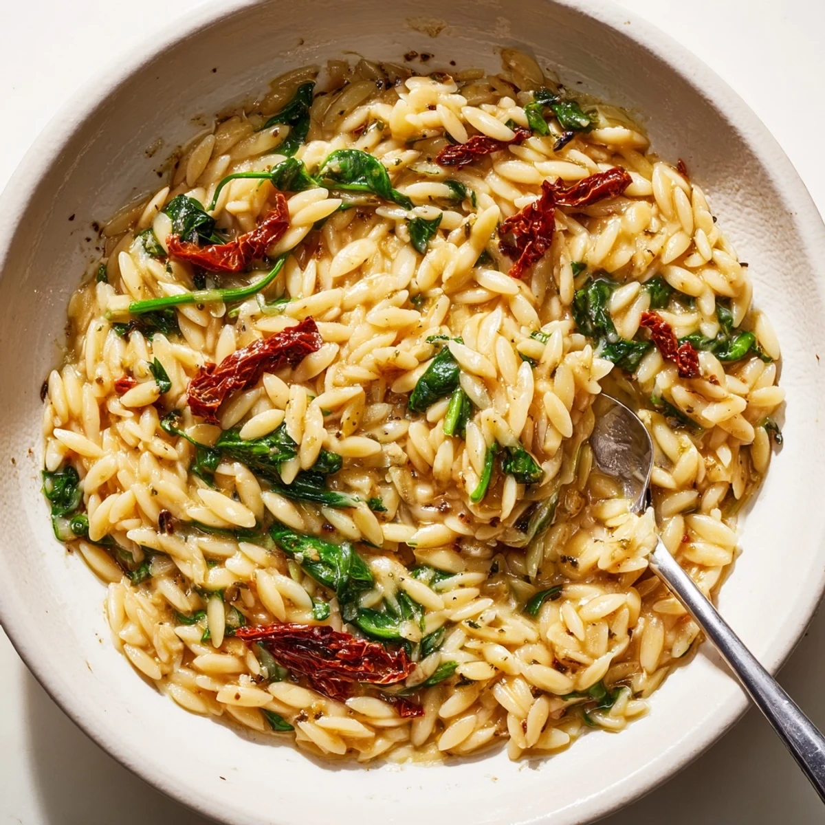 Creamy Tuscan Orzo Bowl with sun-dried tomatoes and vibrant spinach ready to serve.  