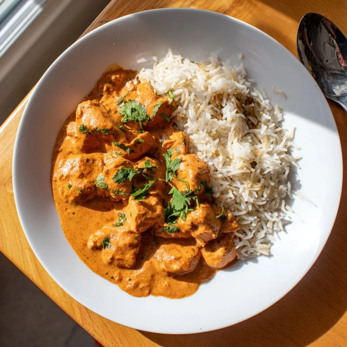 Delicious butter chicken with spices and creamy sauce, perfect alongside rice pilaf.