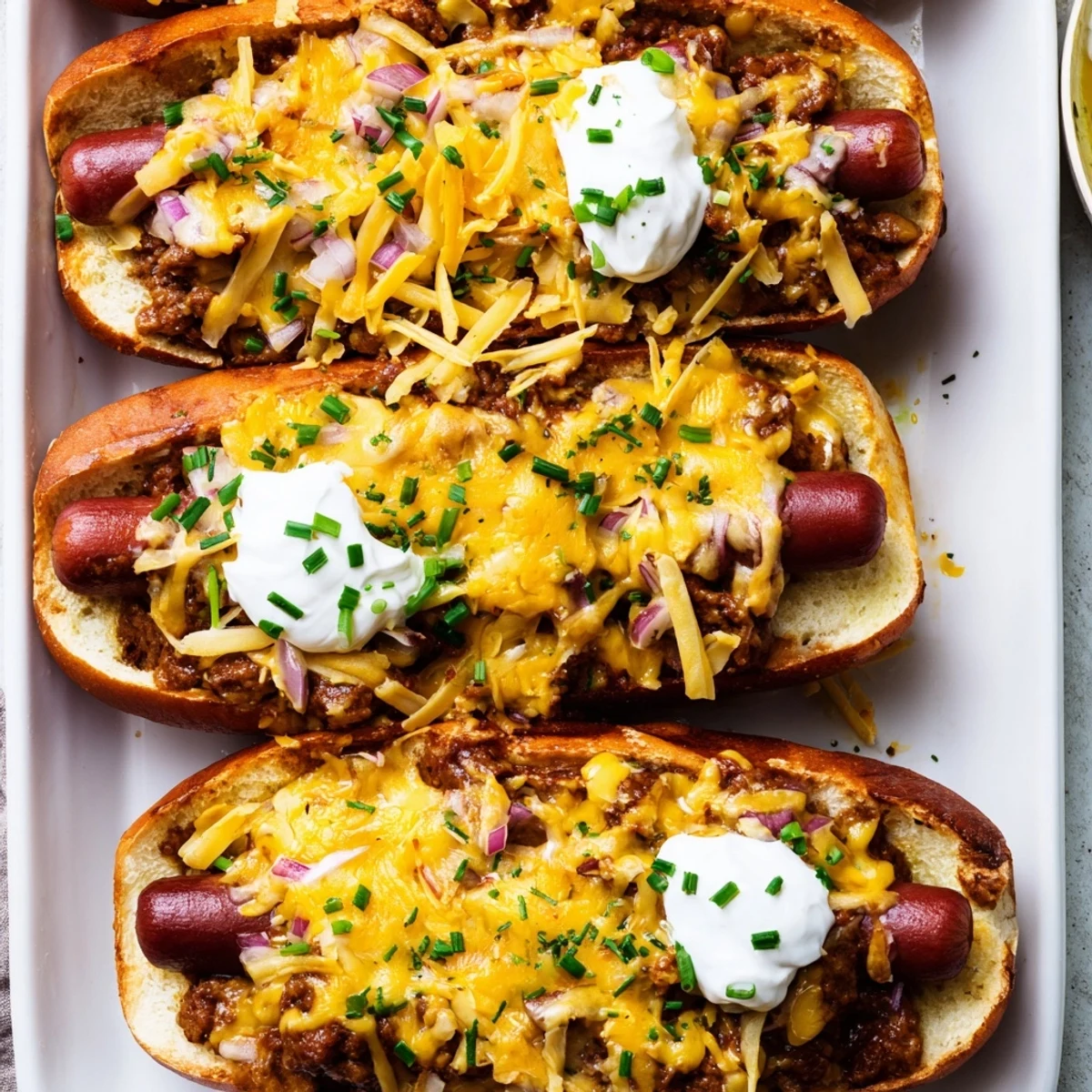 Golden cheesy Chili Dog Casserole with visible chunks of hot dogs and onions; a comforting classic.