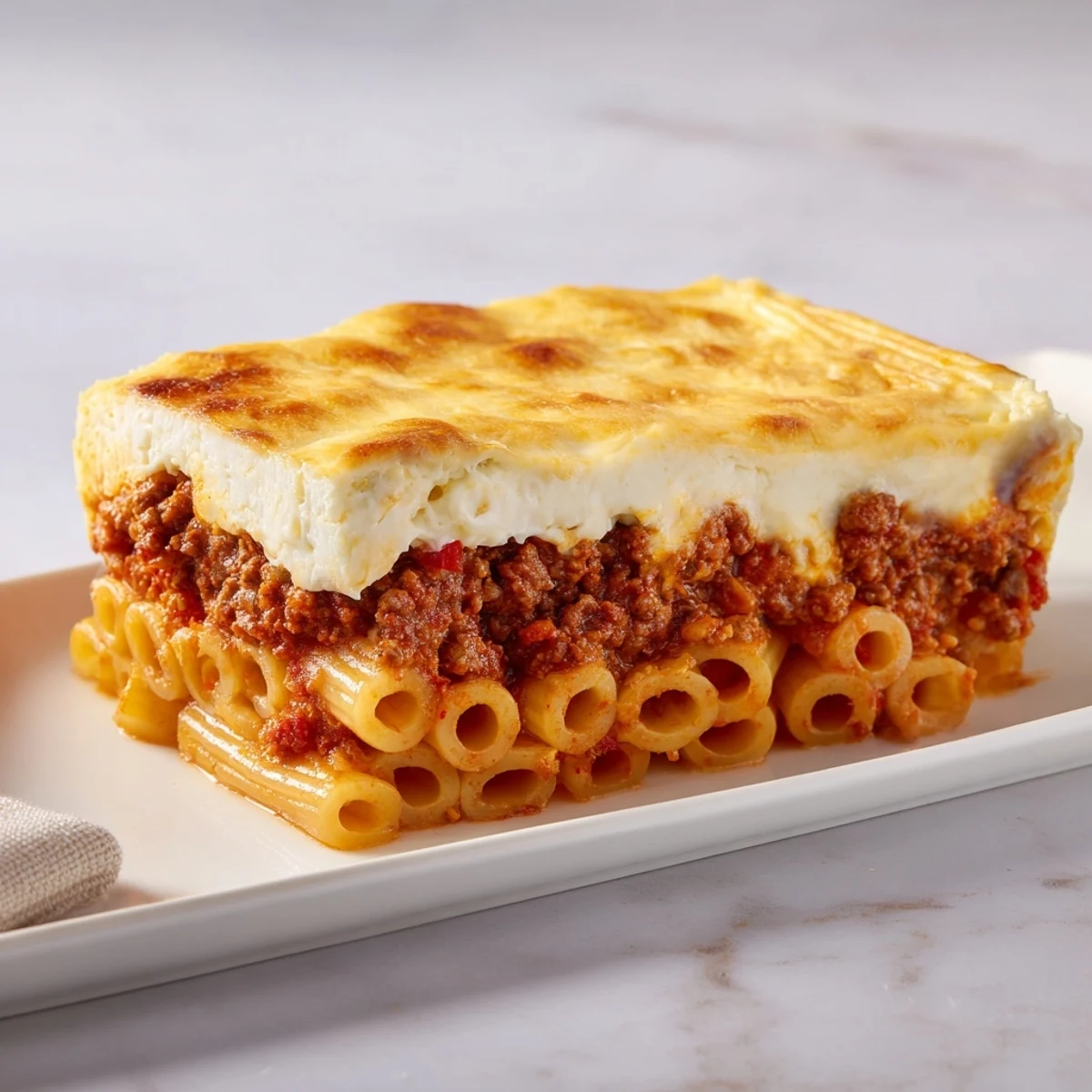 Golden, bubbly top of a rich Greek Pastitsio, a comforting layered pasta bake.