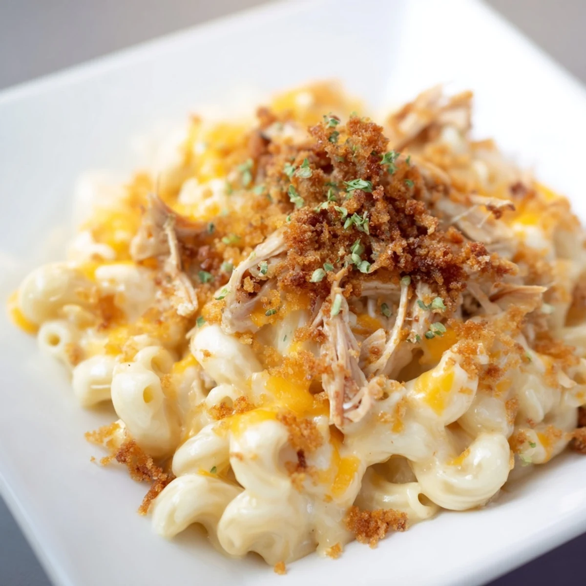 A bubbly, golden-brown Classic Mac & Cheese with BBQ Chicken, a family favorite meal.