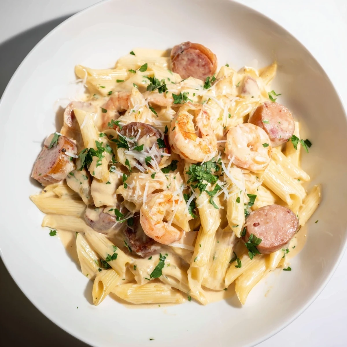 Sizzling skillet of Cajun Sausage & Shrimp Alfredo Pasta; a comforting, one-pan meal with a creamy sauce.