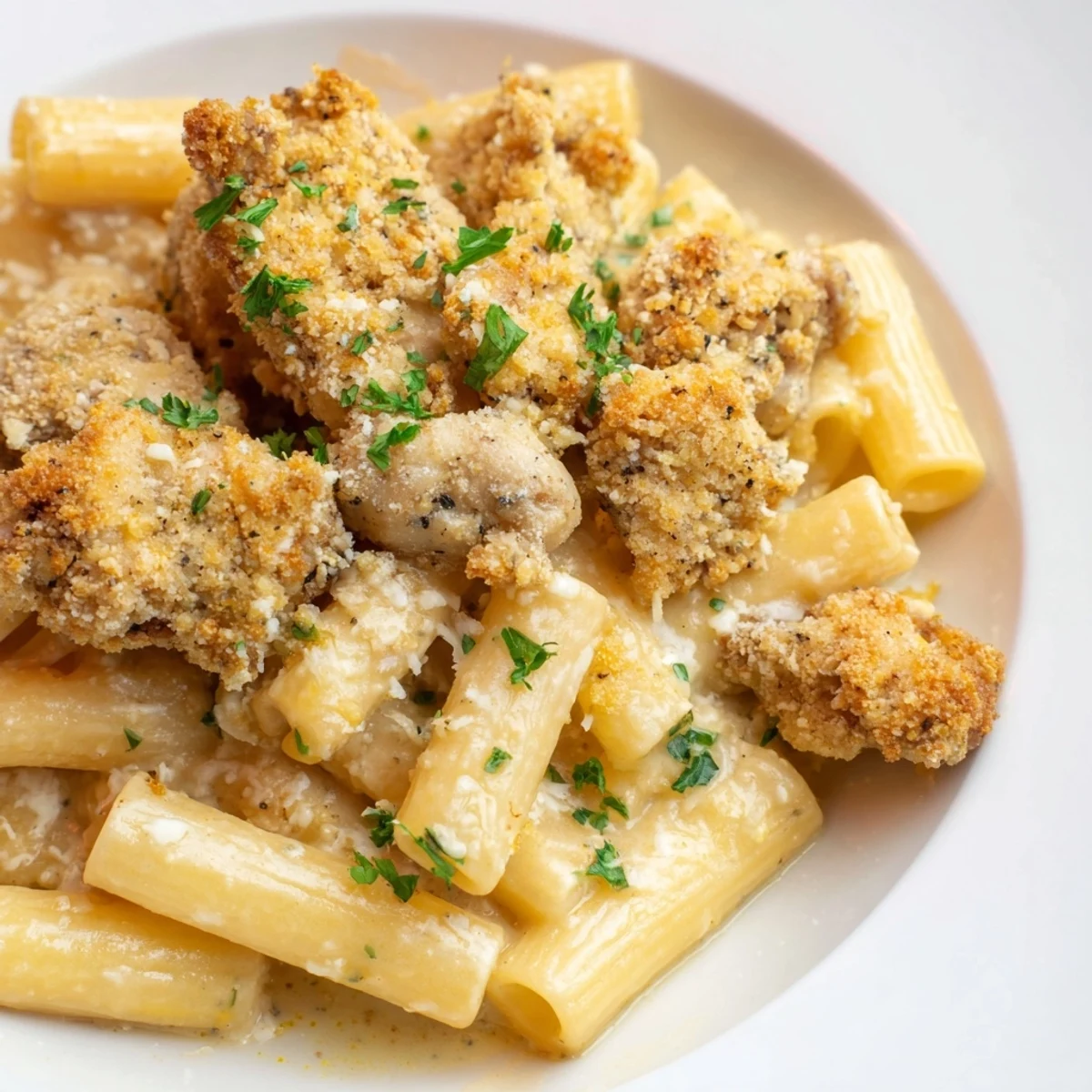 A close-up of Creamy Garlic Parmesan Chicken Rigatoni shows perfectly cooked pasta coated in a rich, cheesy sauce.