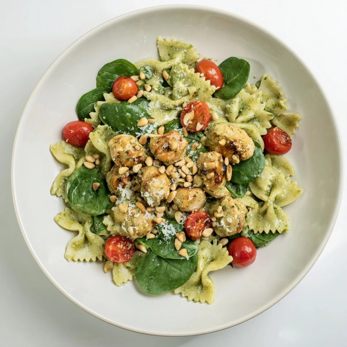 Delicious pesto chicken bowtie pasta served with Parmesan, presenting a quick and simple Italian meal.