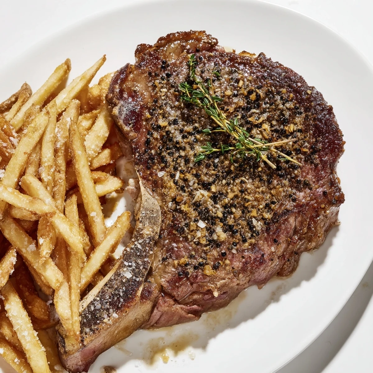 Sizzling classic peppercorn ribeye, perfectly seared with golden-brown fries and rich, creamy sauce.