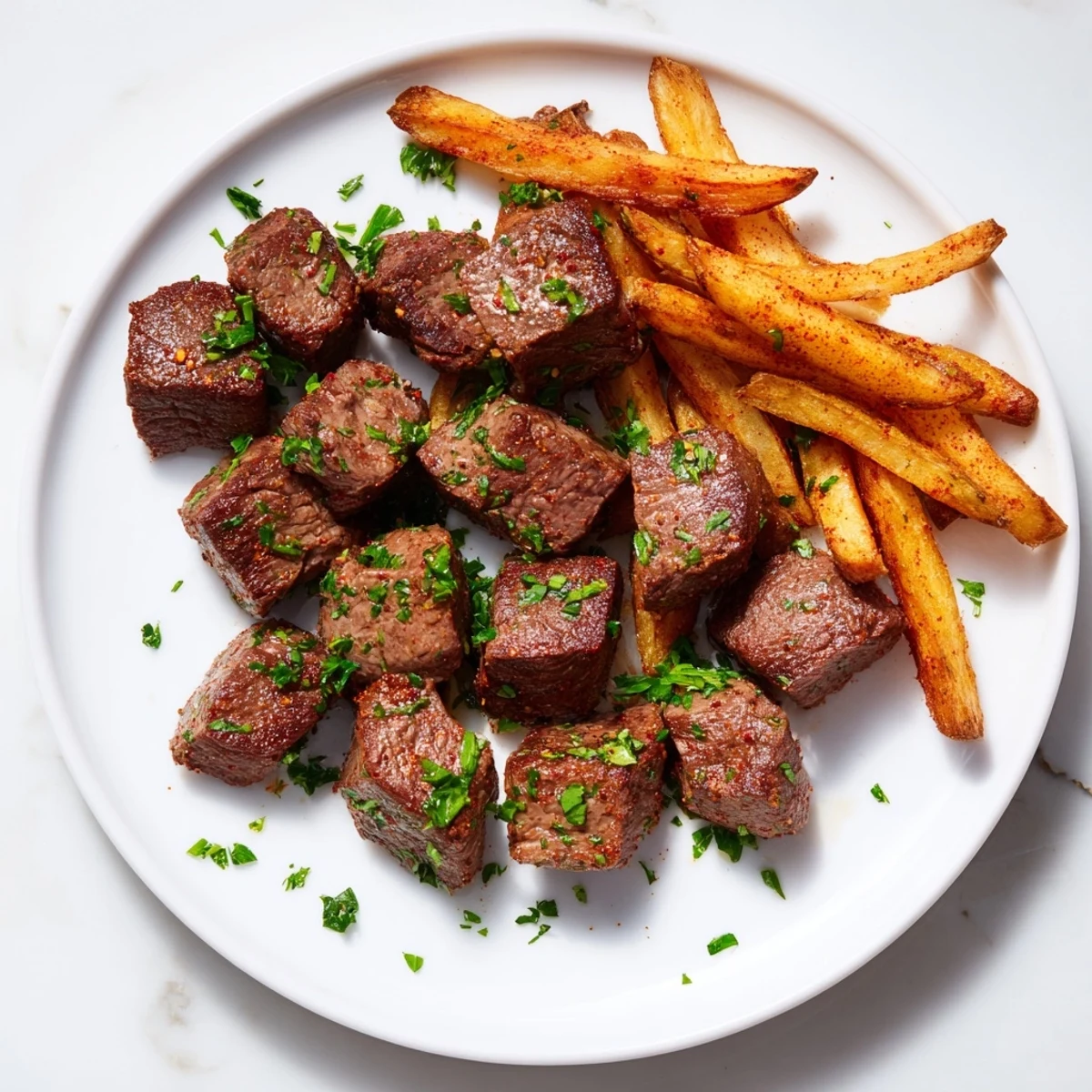 Blackened Cajun steak bites with fries, a flavorful meal of seared, spicy steak and perfectly cooked fries.