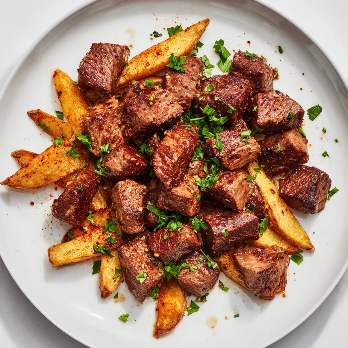 Close-up of Blackened Cajun steak bites with fries, a savory plate ready to be enjoyed as a weeknight meal.