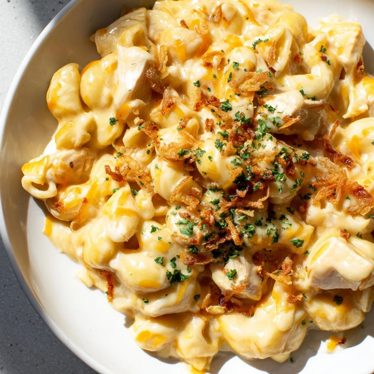This photo shows a delicious bowl of One-Pot Honey BBQ Chicken Mac and Cheese, ready to be enjoyed.