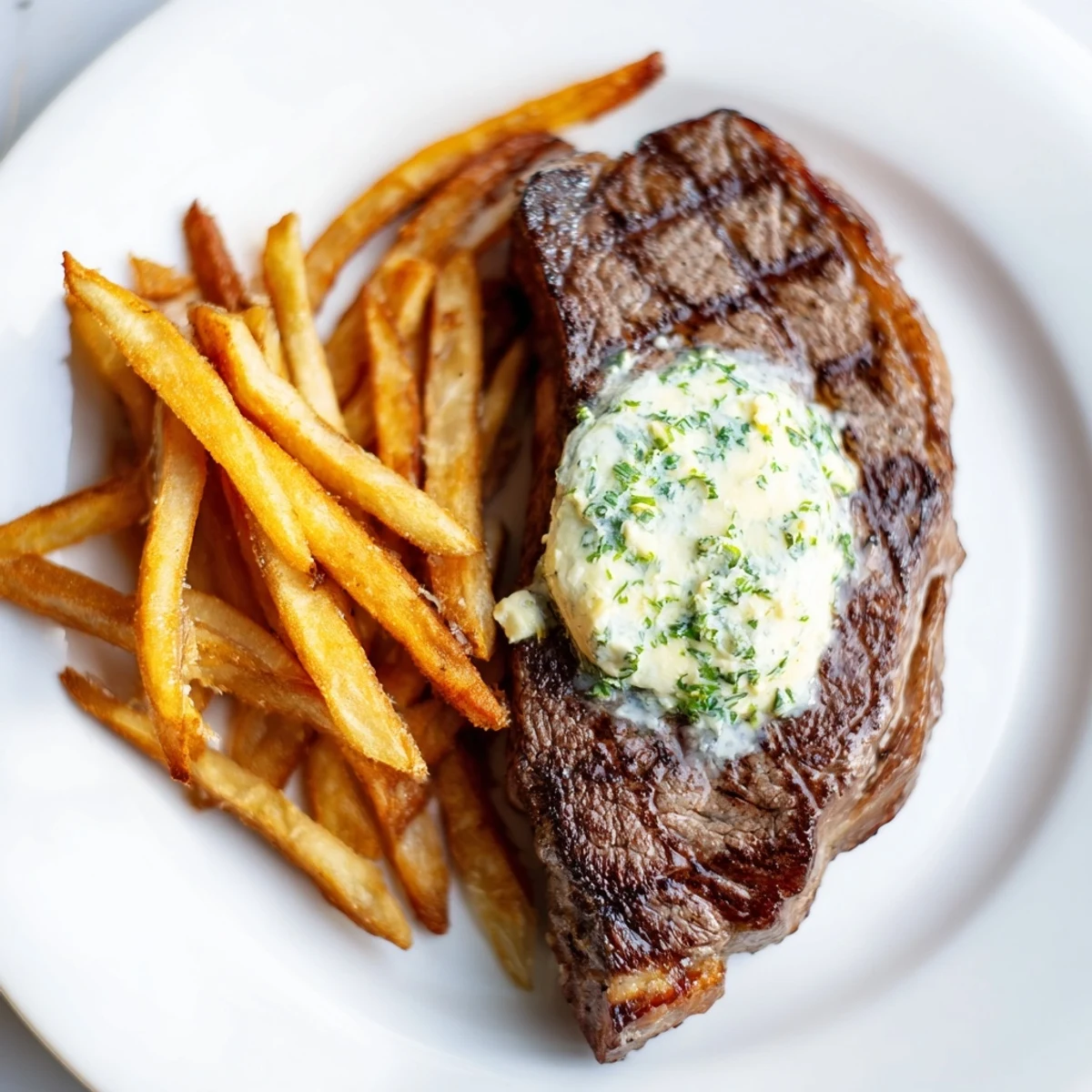 Perfectly cooked Steakhouse Garlic Butter Steak & Fries served, offering tender steak and golden, seasoned fries for dinner.