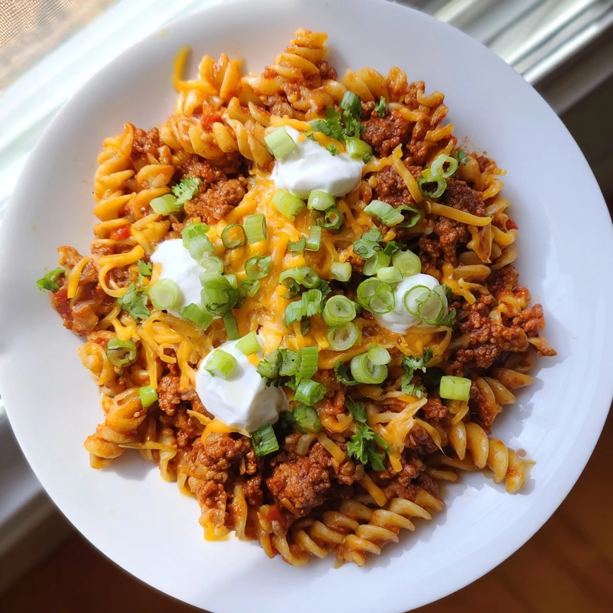 Skillet of Cheesy Taco Pasta: a bubbling, one-pan delight with melted cheese and tender pasta.