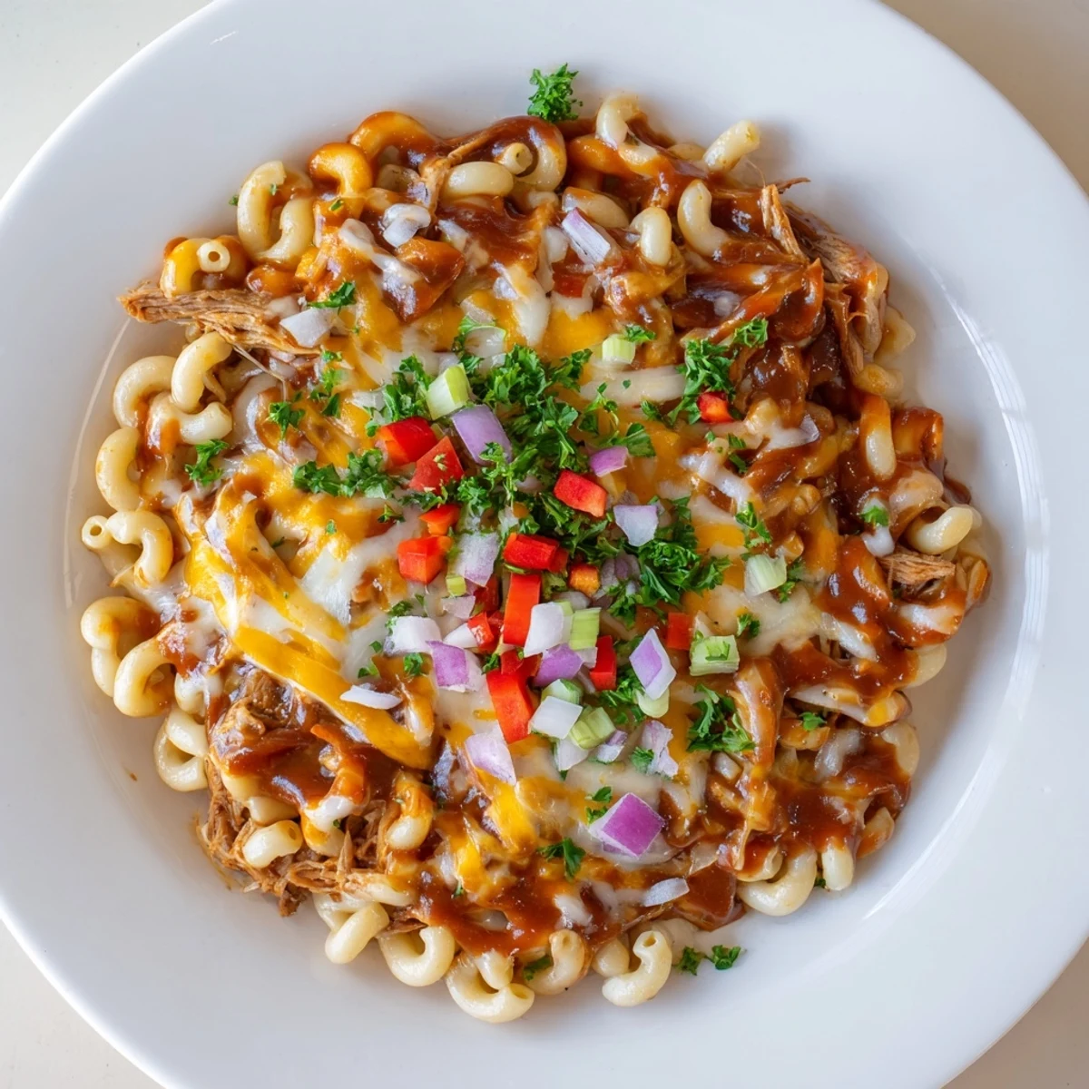 A bubbling BBQ Rib Macaroni skillet, rich with cheese and smoky, tender shredded pork ribs.
