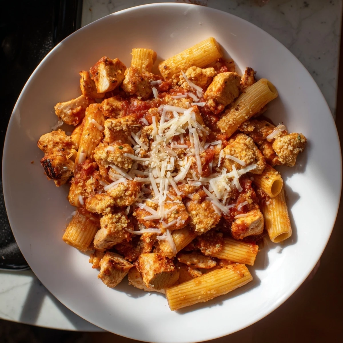 Golden, bubbly Baked Chicken Parmesan Pasta, ready to serve with fresh basil garnish.
