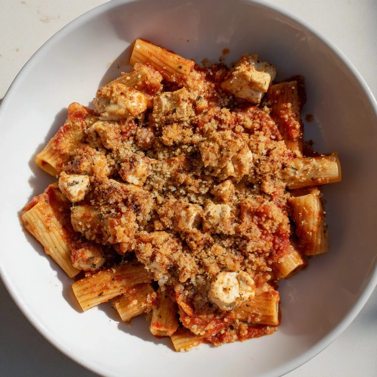 A close-up of a baking dish filled with Baked Chicken Parmesan Pasta, showing melted cheese and golden breadcrumbs.