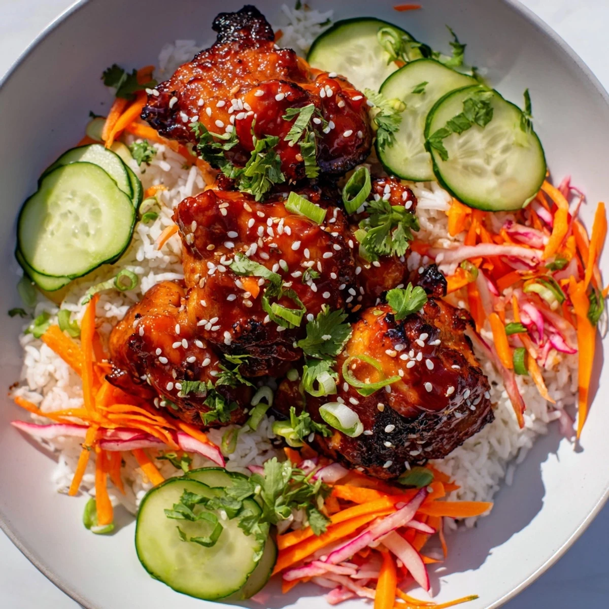 Golden-brown Sriracha Honey Chicken Rice Bowl, with glistening chicken and vibrant veggie toppings.