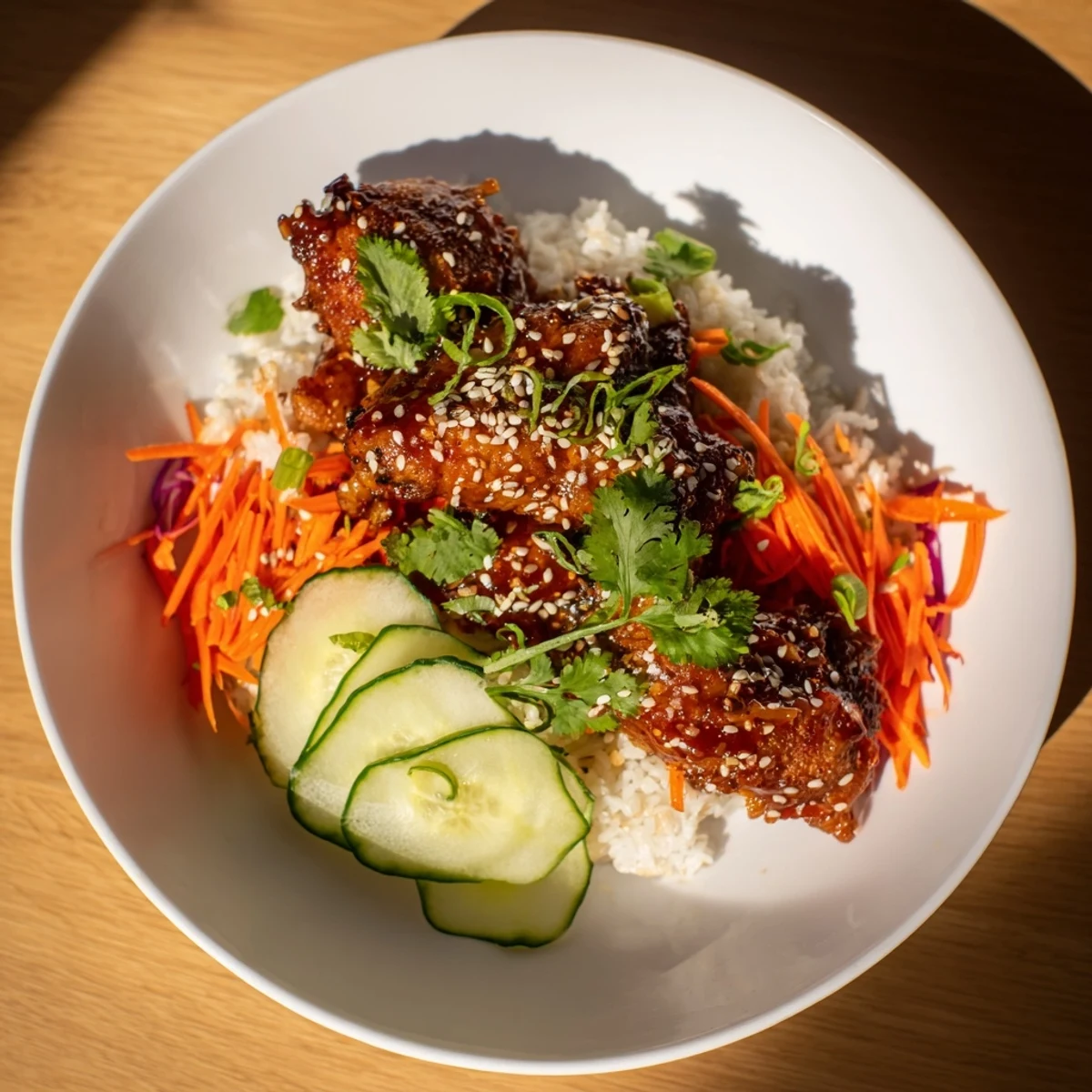 A steaming bowl of flavorful Sriracha Honey Chicken Rice, featuring tender chicken, fresh vegetables, and rice.