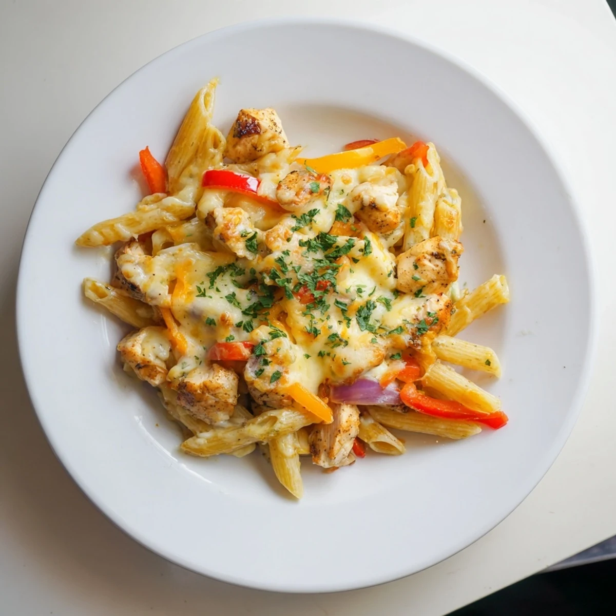 Golden-brown Cajun Chicken Pasta Bake with bubbly cheese and parsley garnish, invitingly fragrant.