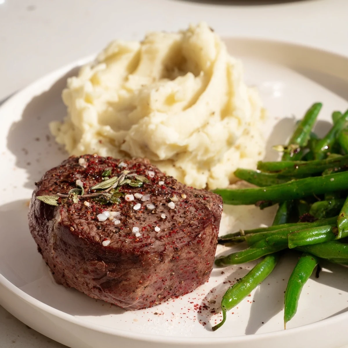 Golden-brown sirloin and fluffy garlic mashed potatoes sit ready in this steak & garlic mash meal.