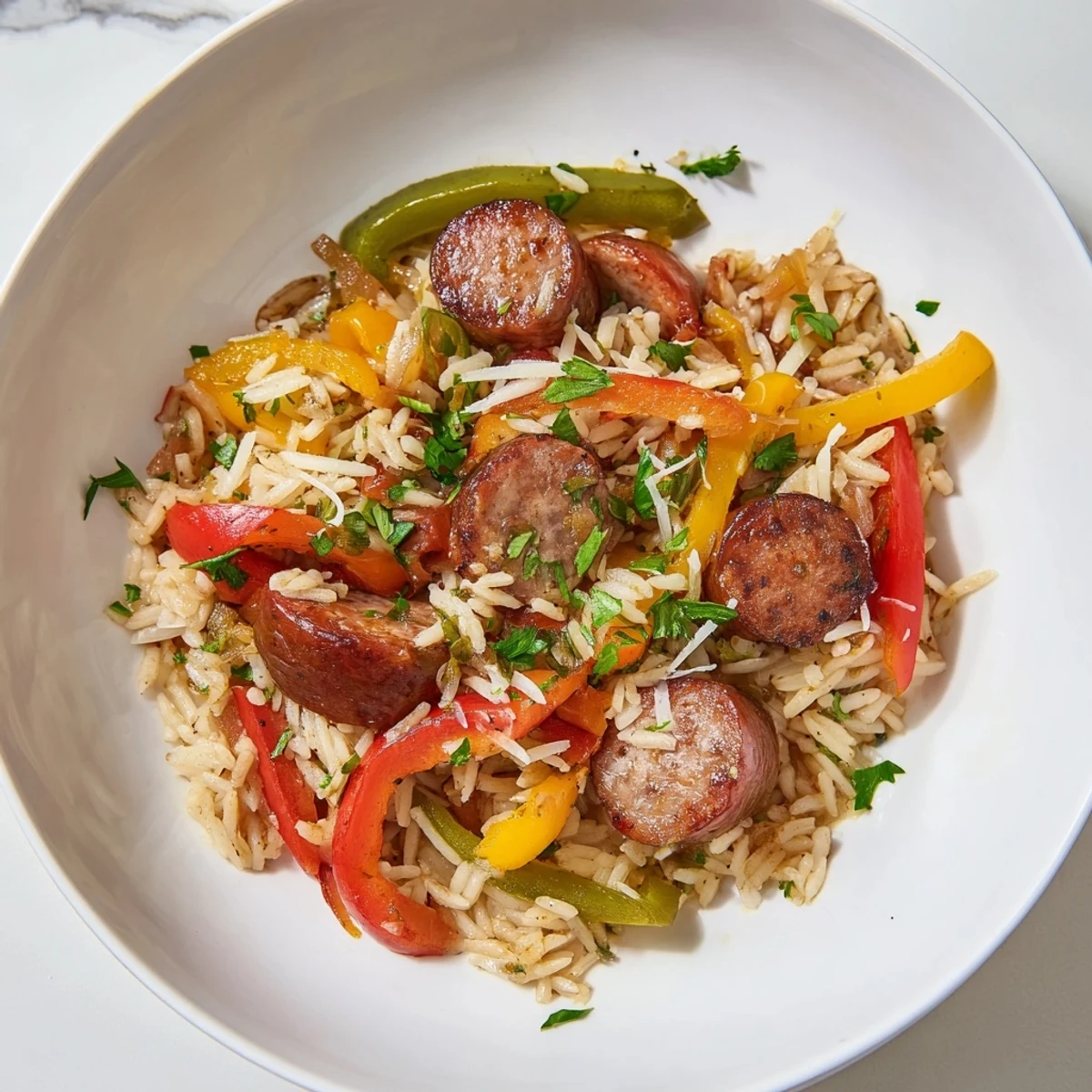 Golden Italian Sausage & Peppers Rice Plate, served with fresh parsley and Parmesan cheese, looks delicious.