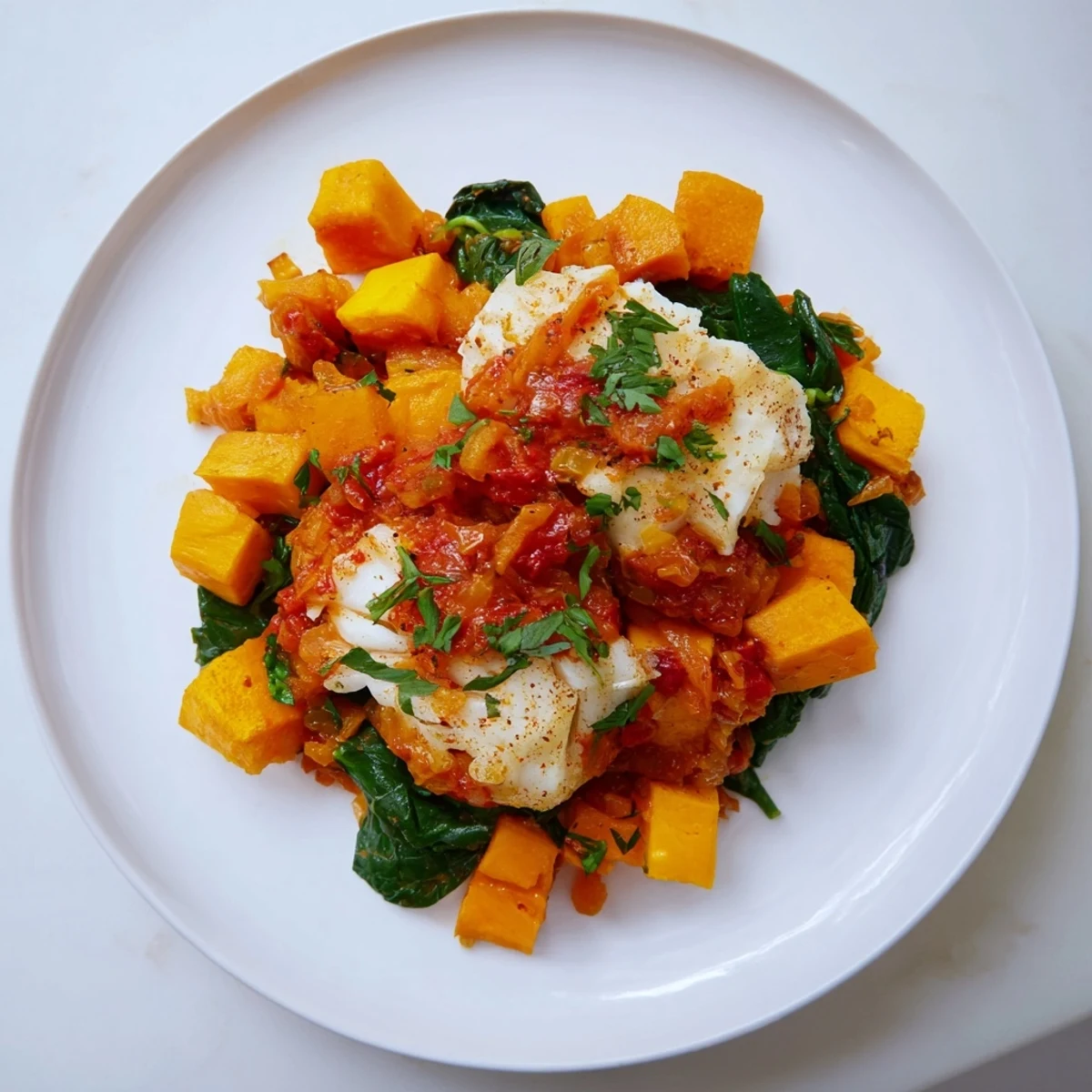 Image of Baked Cod with Butternut Squash and a rich, aromatic tomato-herb sauce bubbling.