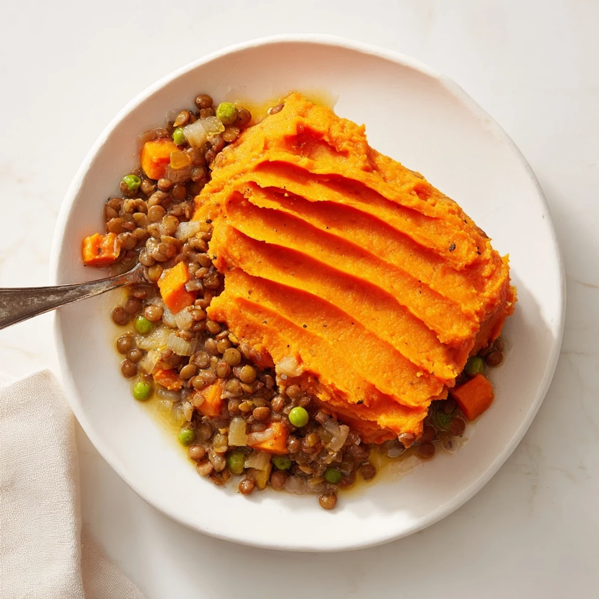 Golden-topped Veggie Shepherd's Pie showing a comforting, bubbling lentil filling under sweet potato mash.