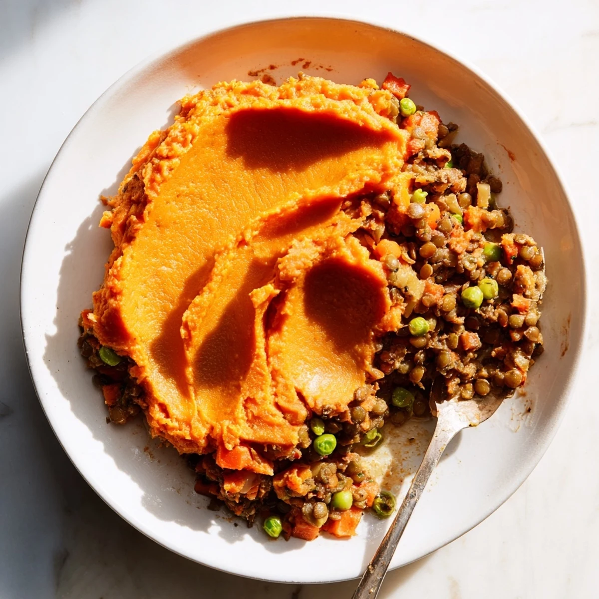 This delicious Veggie Shepherds Pie with lentils and creamy mash is ready to be served hot.