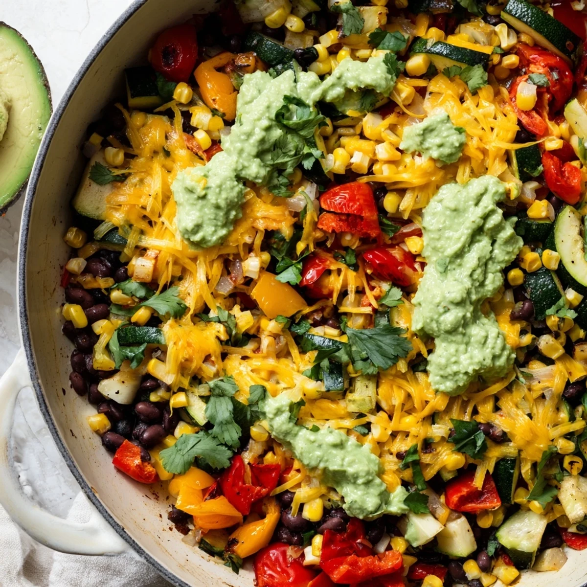 One-pan veggie-packed taco skillet overflowing with colorful vegetables, black beans, and melted cheese, ready to serve.
