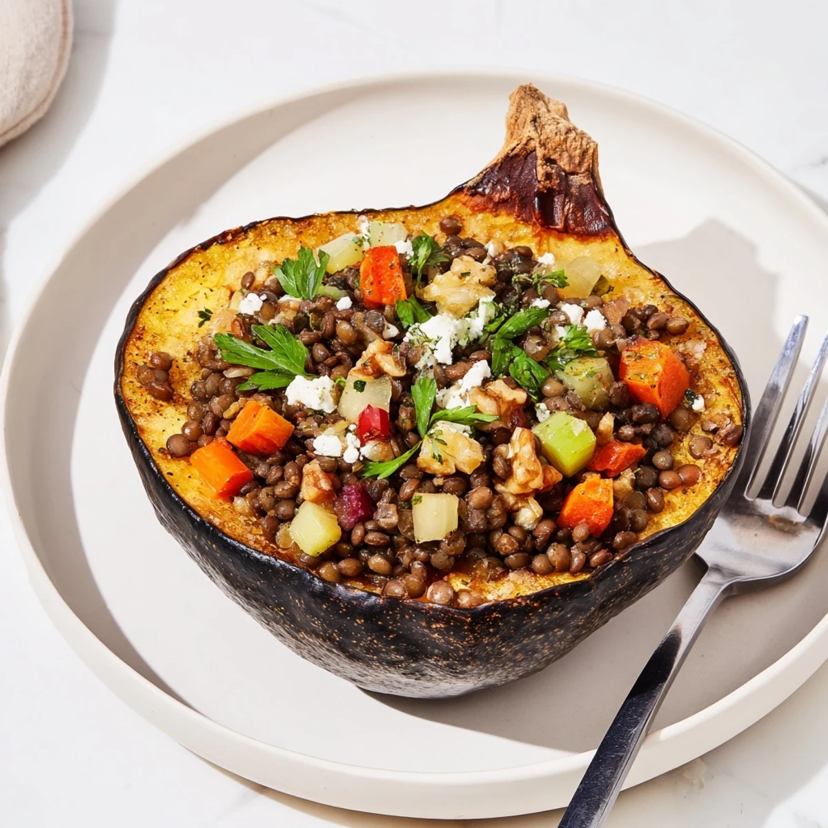 Golden, roasted Lentil & Walnut Stuffed Acorn Squash, a vegetarian delight ready to enjoy!